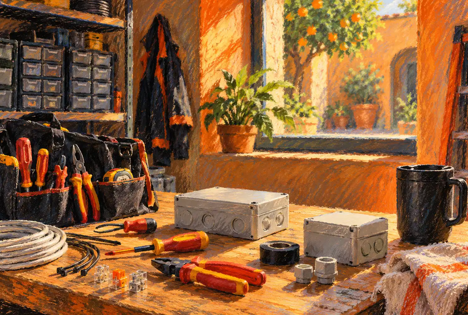 Illustration of electrical contractors and their working space